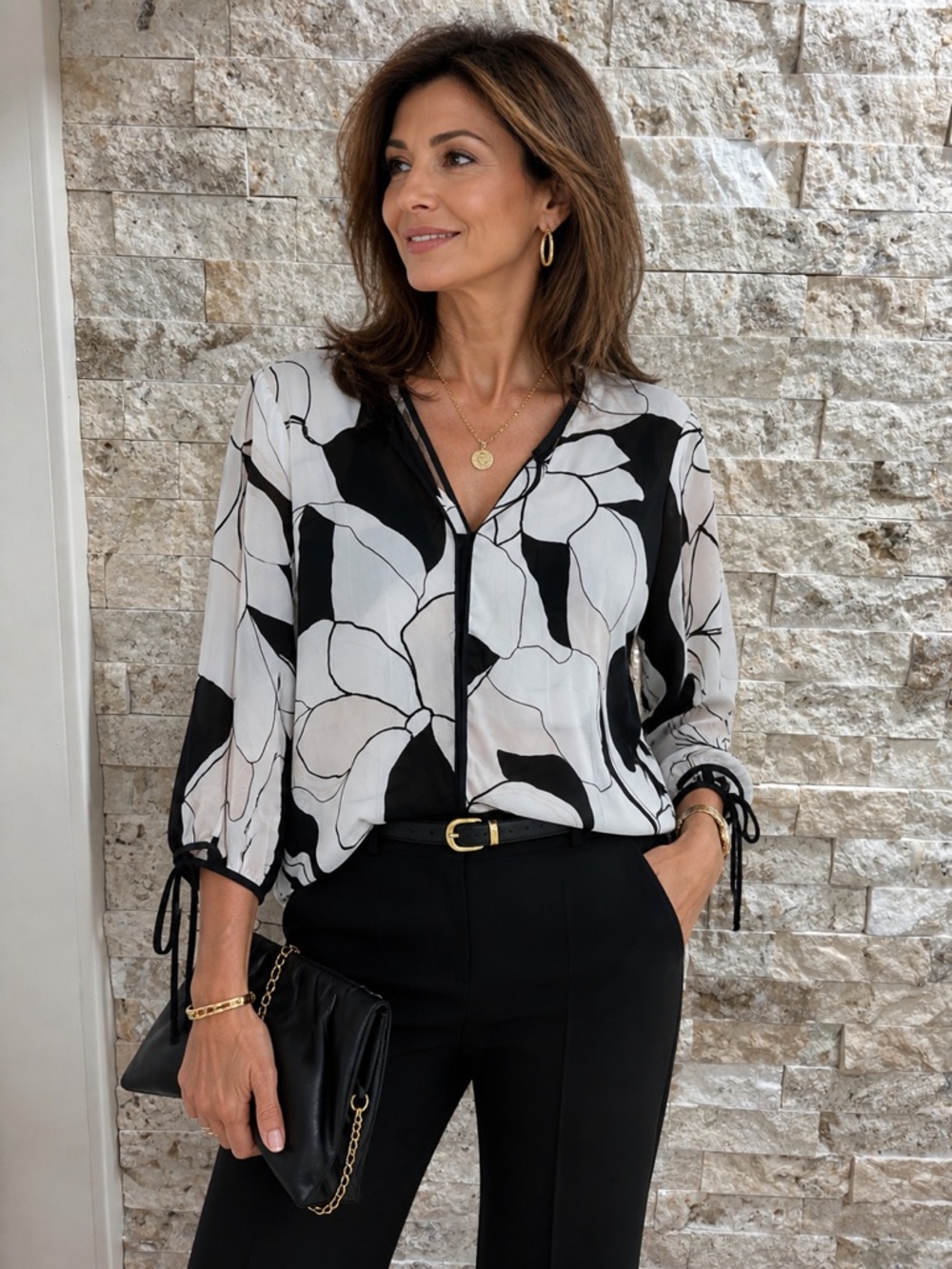 Ivanka Trump Black & White Floral Tie-Sleeve Blouse size small